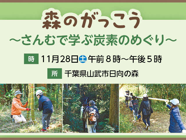 森のがっこう―さんむで学ぶ炭素のめぐり―　時：11月28日（土曜日）午前8時から午後5時まで　ところ：千葉県山武市日向の森