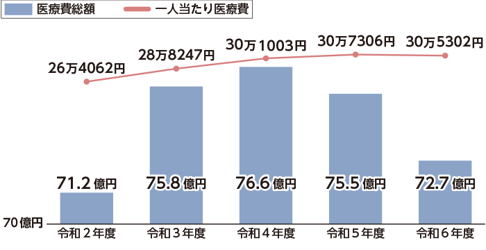 過去5年間の医療費総額と一人当たり医療費のグラフ