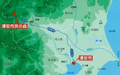 画像：浦安市民の森の位置（群馬県高崎市倉渕町。江戸川の上流に位置している）