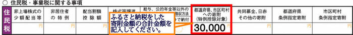 都道府県、市区町村分（特例控除対象）の欄にふるさと納税をした寄附金額の合計金額を記入してください。