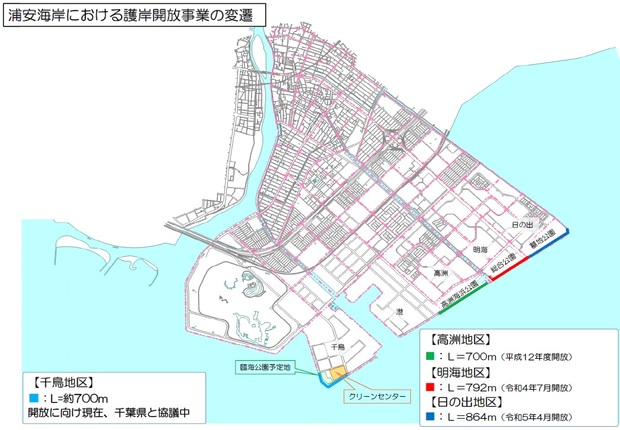 地図：浦安海岸における護岸開放事業の変遷
