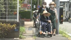 写真：高齢者の車いすでのお散歩をサポートするボランティアの様子
