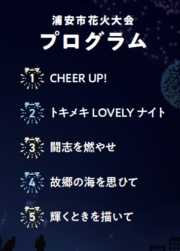 浦安市花火大会プログラム、1　CHEER UP!、2　トキメキLOVWLYナイト、3　闘志を燃やせ、4　故郷の海を思ひて、5　輝くときを描いて